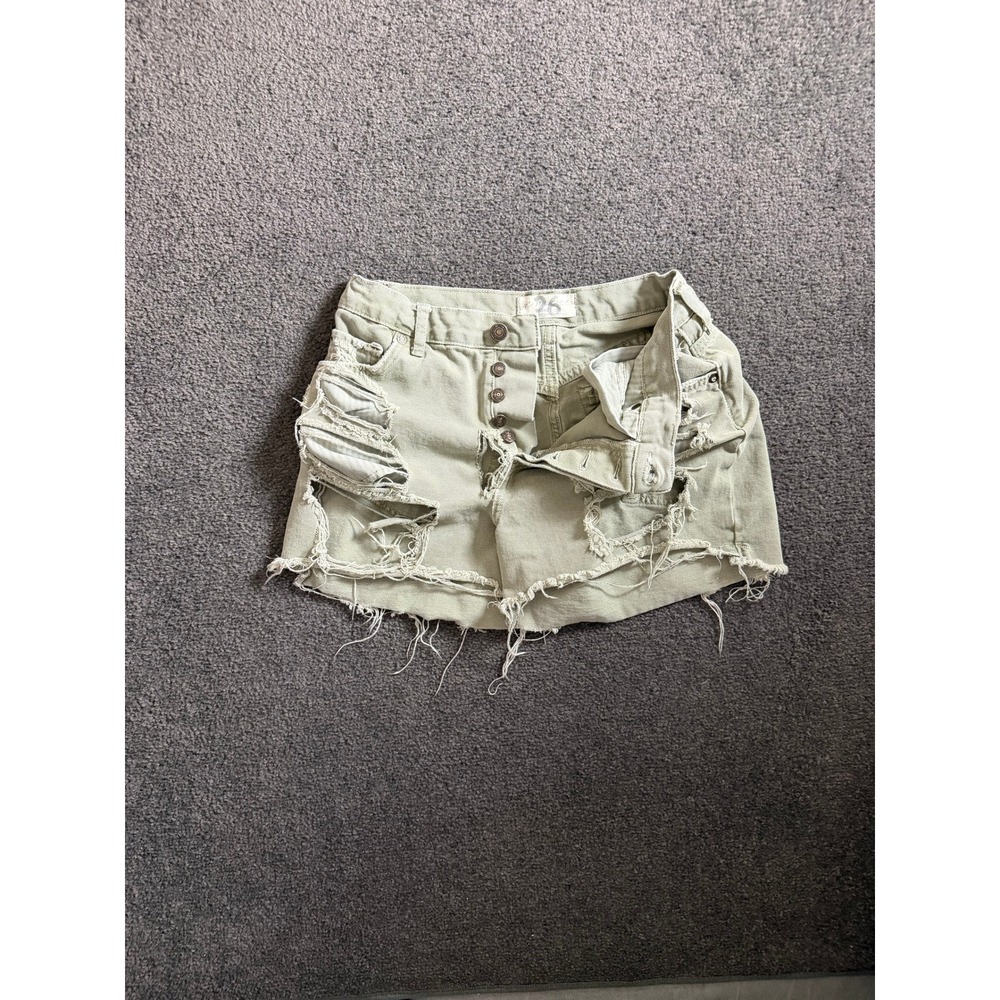 We The Free People Distressed Sage Green Denim Shorts High Rise Size 26